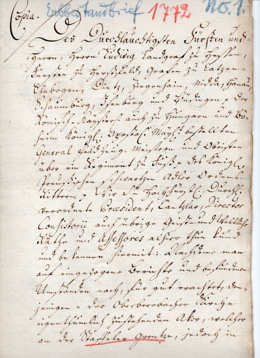 Erbleihbrief von 1772, Seite 1
